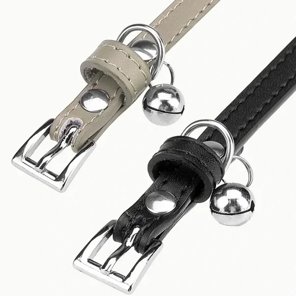 NWT PUPTECK 2 PCS Soft Leather Cat Kitten Collar- Black and Brown with Bells - Picture 3 of 6